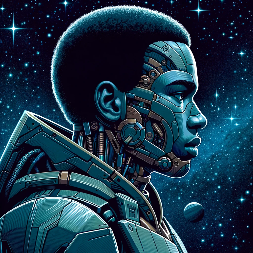 DALL·E 2023-10-31 13.48.50 - Illustration of Steven, a futuristic robot from 2072, viewed from a three-quarter angle, emphasizing the depth and dimension of his bionic features, w