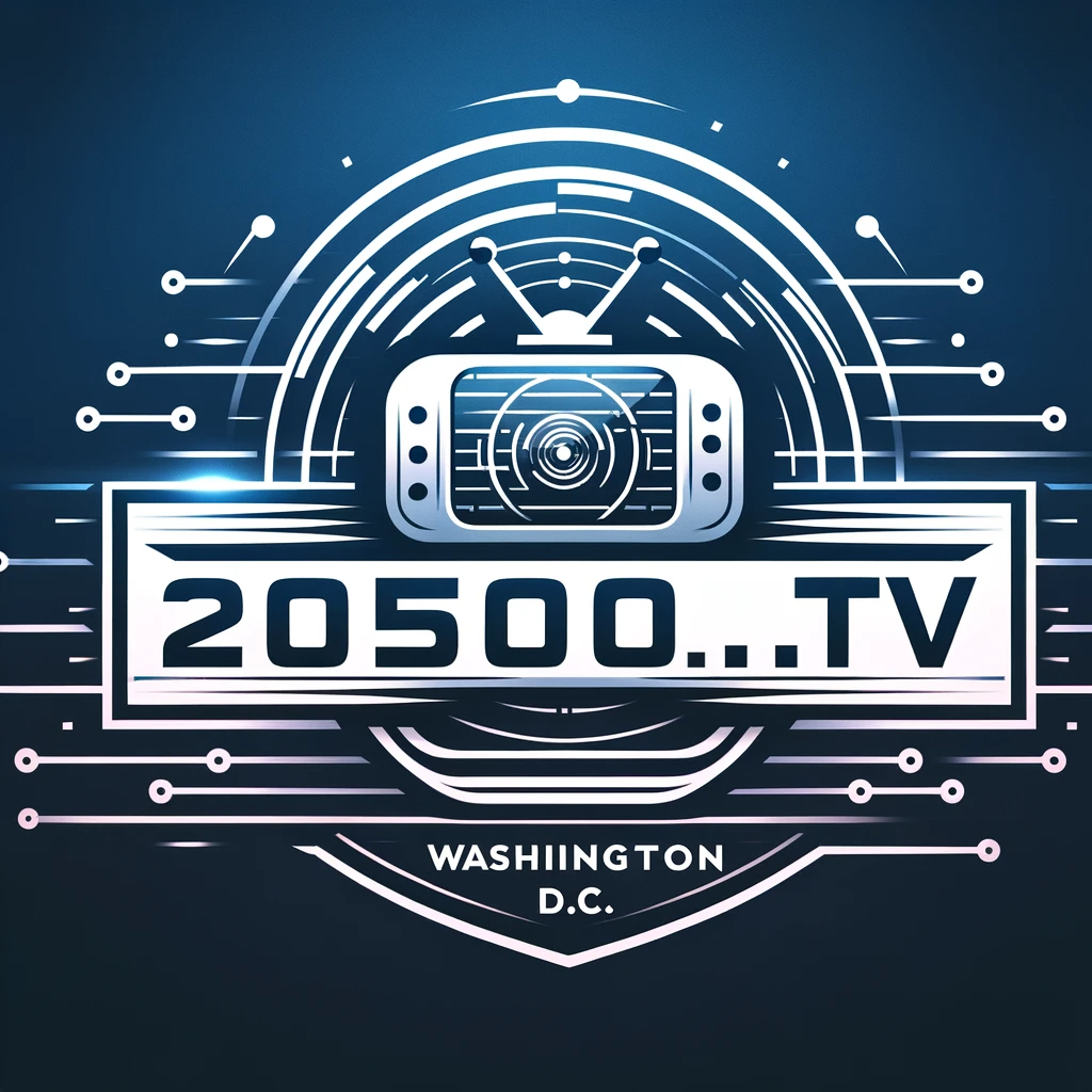 DALL·E 2023-11-11 16.08.35 - Design a logo for a hyper-local news streaming service &#39;20500.TV&#39; in Washington D.C. The logo should have a sleek, modern design with a futuristic vib