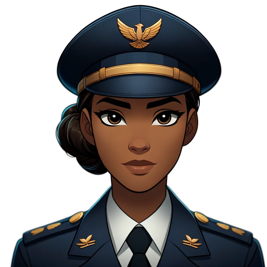 DALL·E 2023-12-18 19.26.16 - Animated headshot of a 30-year-old African American woman named Imani, dressed in a formal military uniform. Her hair is styled in a neat bun, and she
