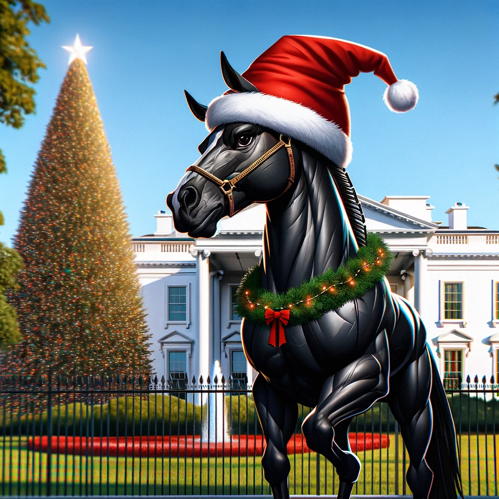 DALL·E 2023-12-22 07.41.56 - An animated image of a hip hop black stallion wearing a Santa hat, positioned near the White House with a Christmas tree in the background. The stalli