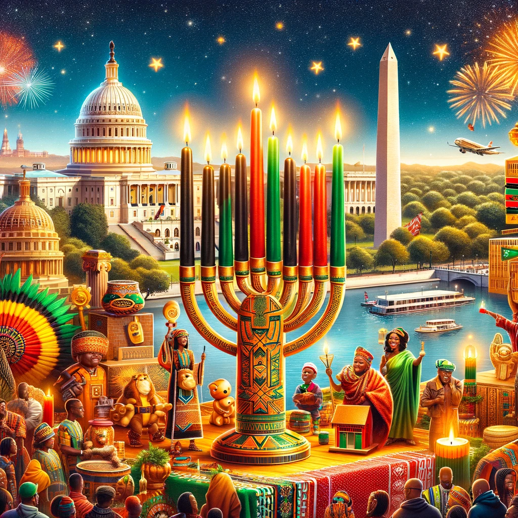 DALL·E 2023-12-26 16.59.27 - A celebratory and inspiring social media post for the second day of Kwanzaa, themed around self-determination (Kujichagulia), set in Washington DC. Th