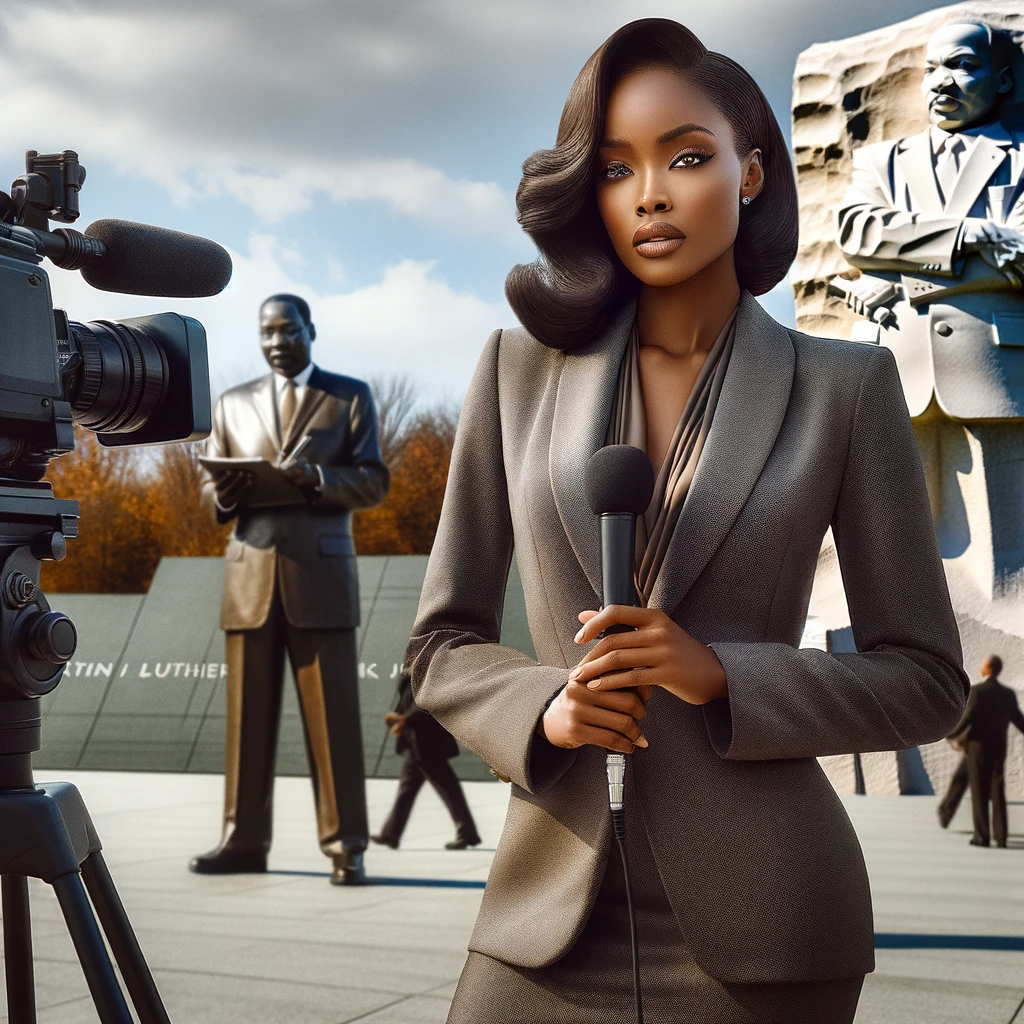 DALL·E 2024-01-12 12.02.35 - A stunning African American female in her 30s, portrayed as a field reporter, standing in front of the Martin Luther King Jr. Monument. She is dressed
